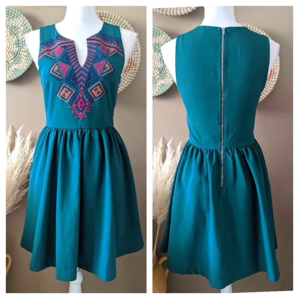 Everly Green Embroidered A-Line Dress